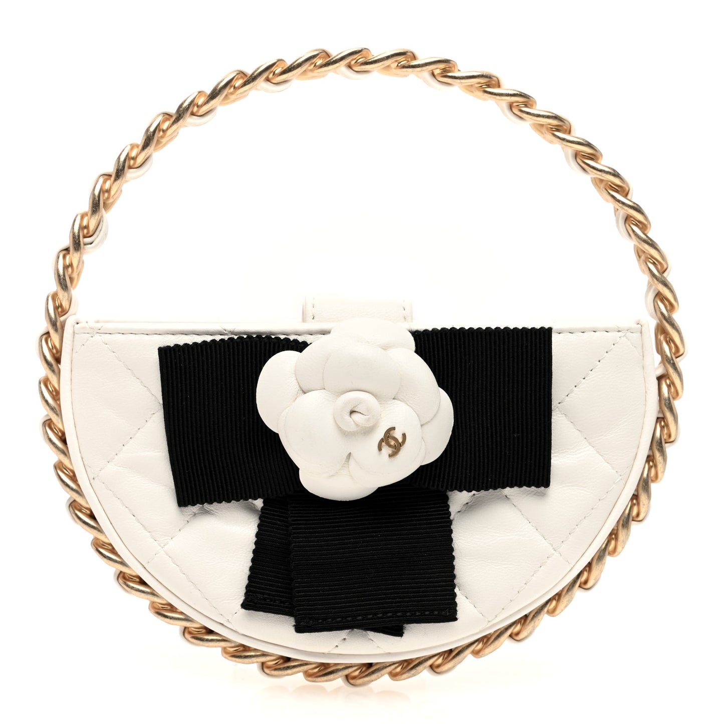 Lambskin Quilted Round Camellia Mini Clutch White