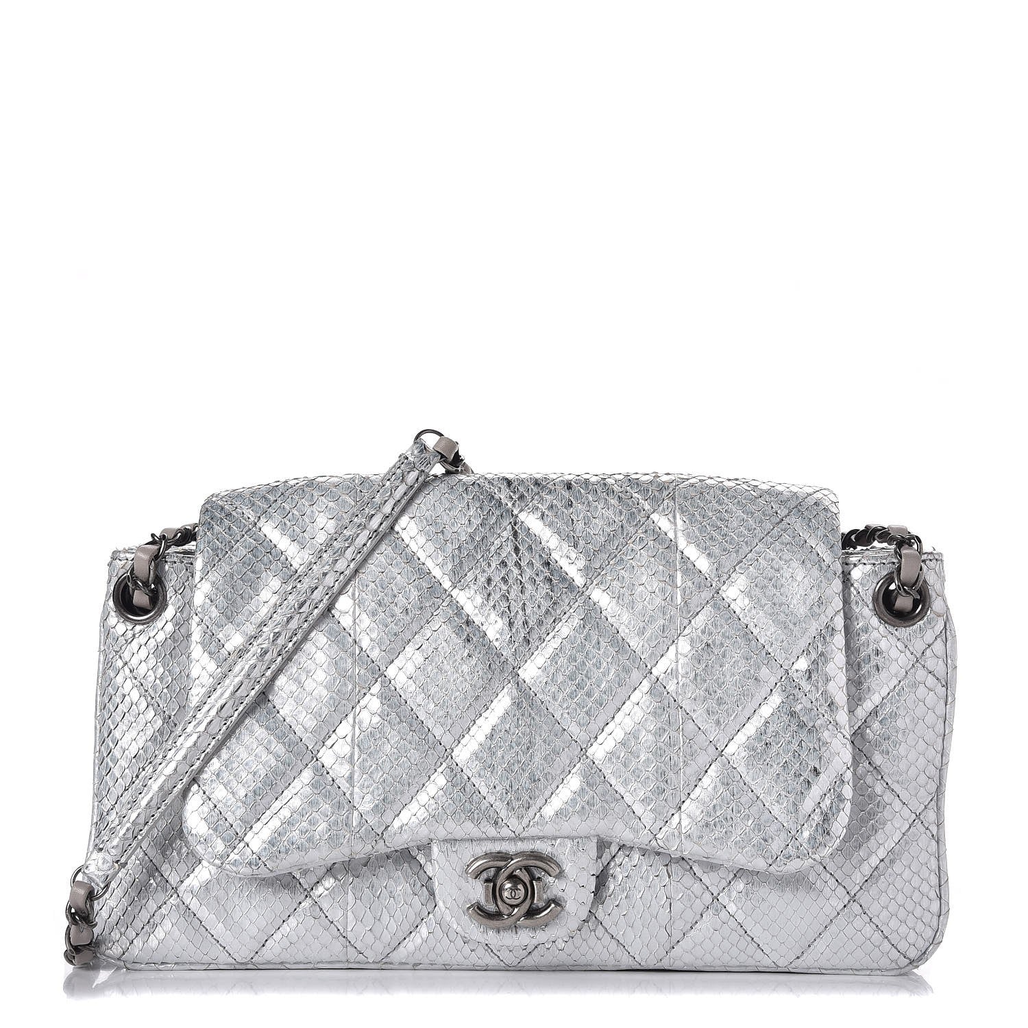 Chanel Metallic Python 3 Accordion Flap Silver 1 of 11
