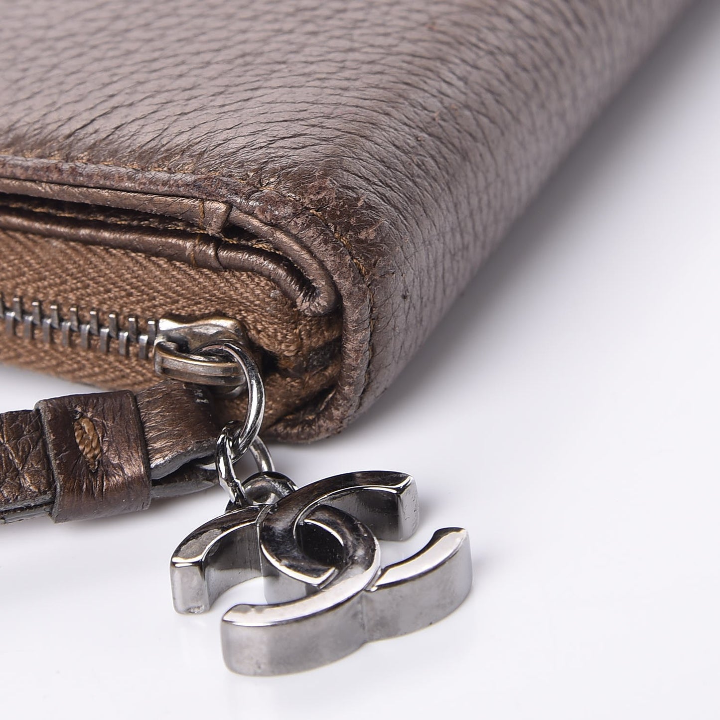 Metallic Calfskin Large Timeless Zip Around Wallet Brown