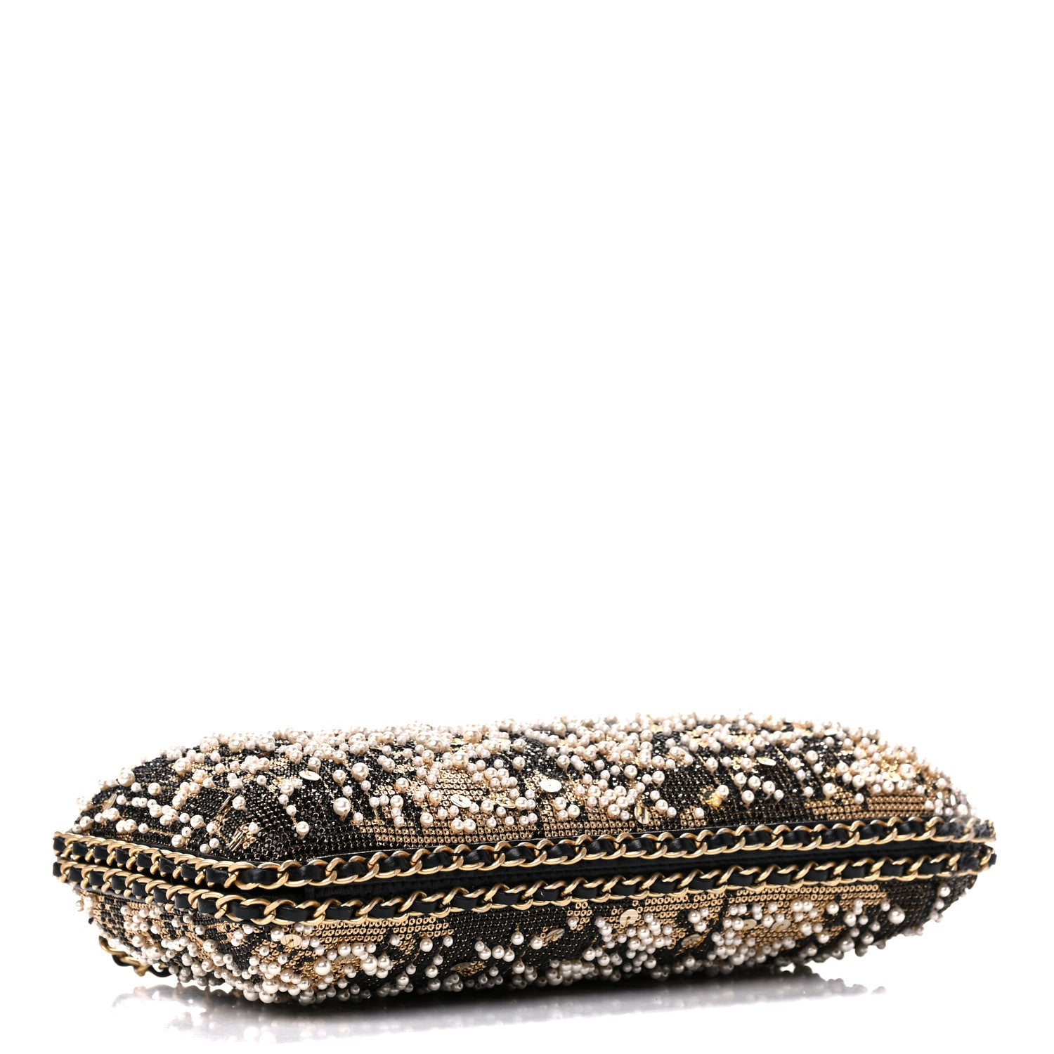Chanel Pearl Crystal Chain Around Evening Clutch Black Gold 4 of 11