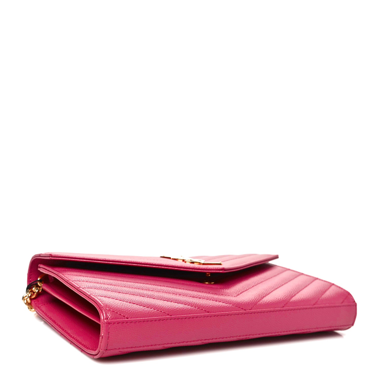 Saint Laurent Grain De Poudre Matelasse Chevron Monogram Chain Wallet Fuxia Couture 4 of 11