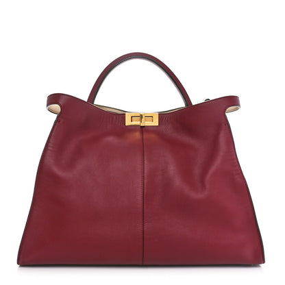 Fendi Vitello Seta Glazed Fabric FF 1974 Large Peekaboo X-Lite Barolo Mogano Panna 1 of 12