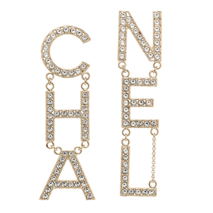 Chanel Crystal Cha-Nel Logo Drop Earrings Gold 1 of 5