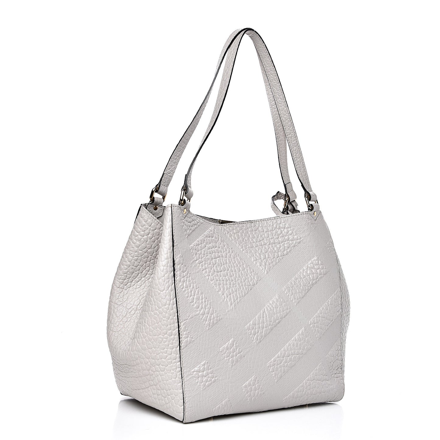 Signature Grain Calfskin Check Embossed Small Canterbury Tote Stone White