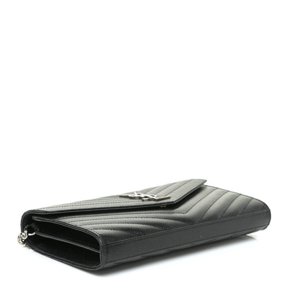 Saint Laurent Grain De Poudre Matelasse Chevron Monogram Chain Wallet Black 4 of 17