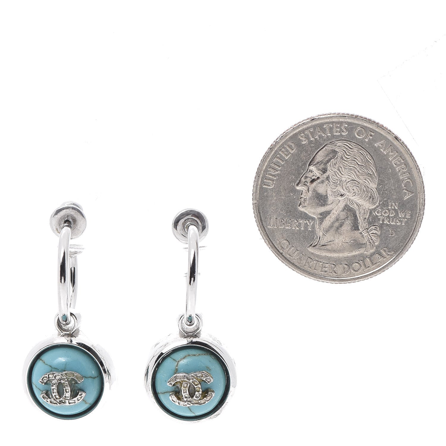 Chanel Bead CC Dangle Earrings Silver Turquoise 2 of 5