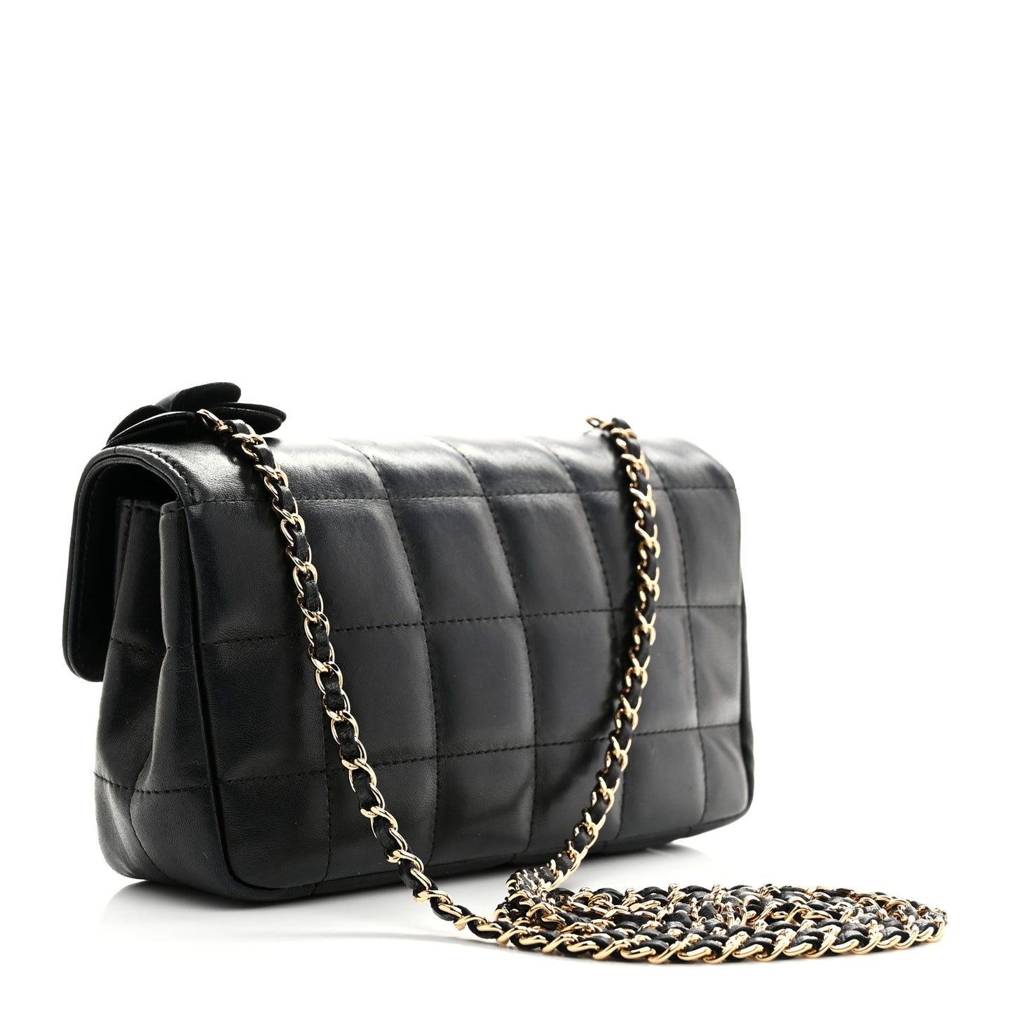 Lambskin Quilted Mini Chocolate Bar Camellia Flap Black