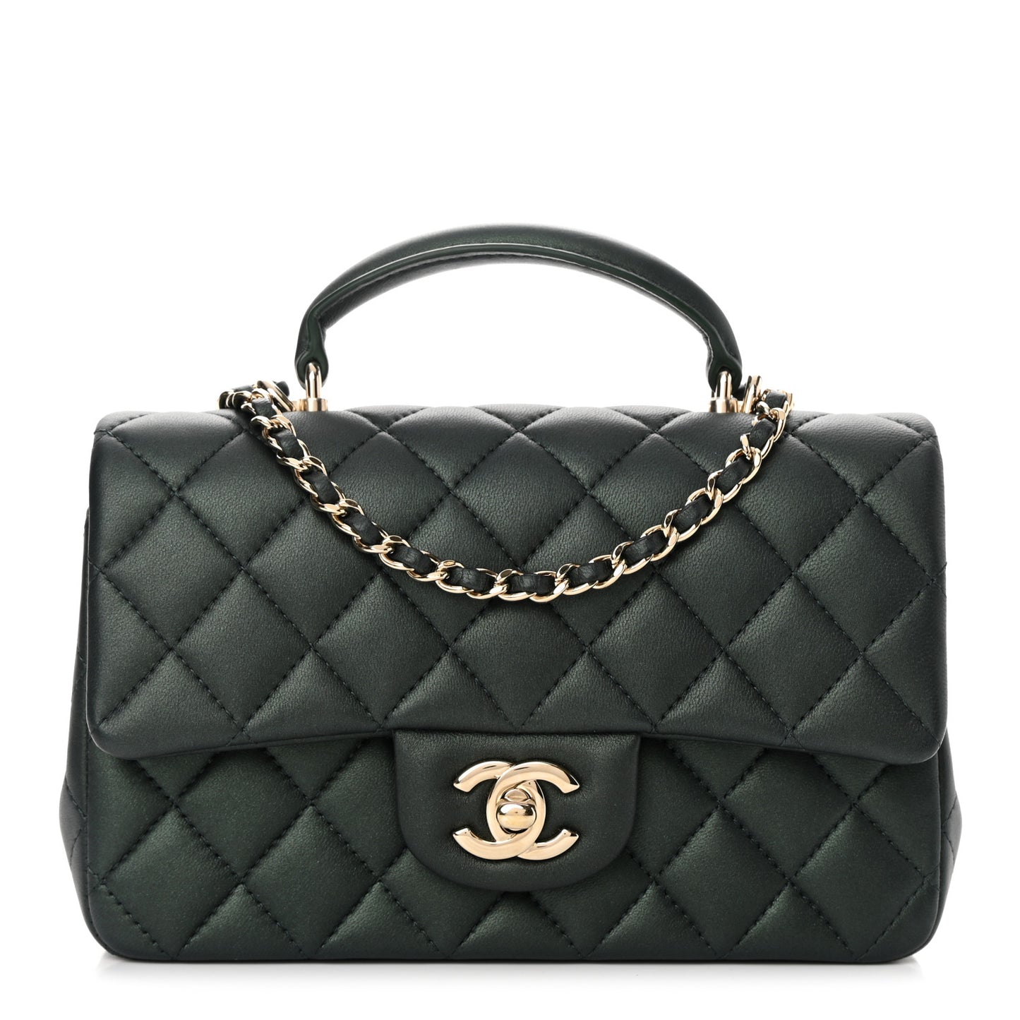Iridescent Lambskin Quilted Mini Top Handle Rectangular Flap Dark Green