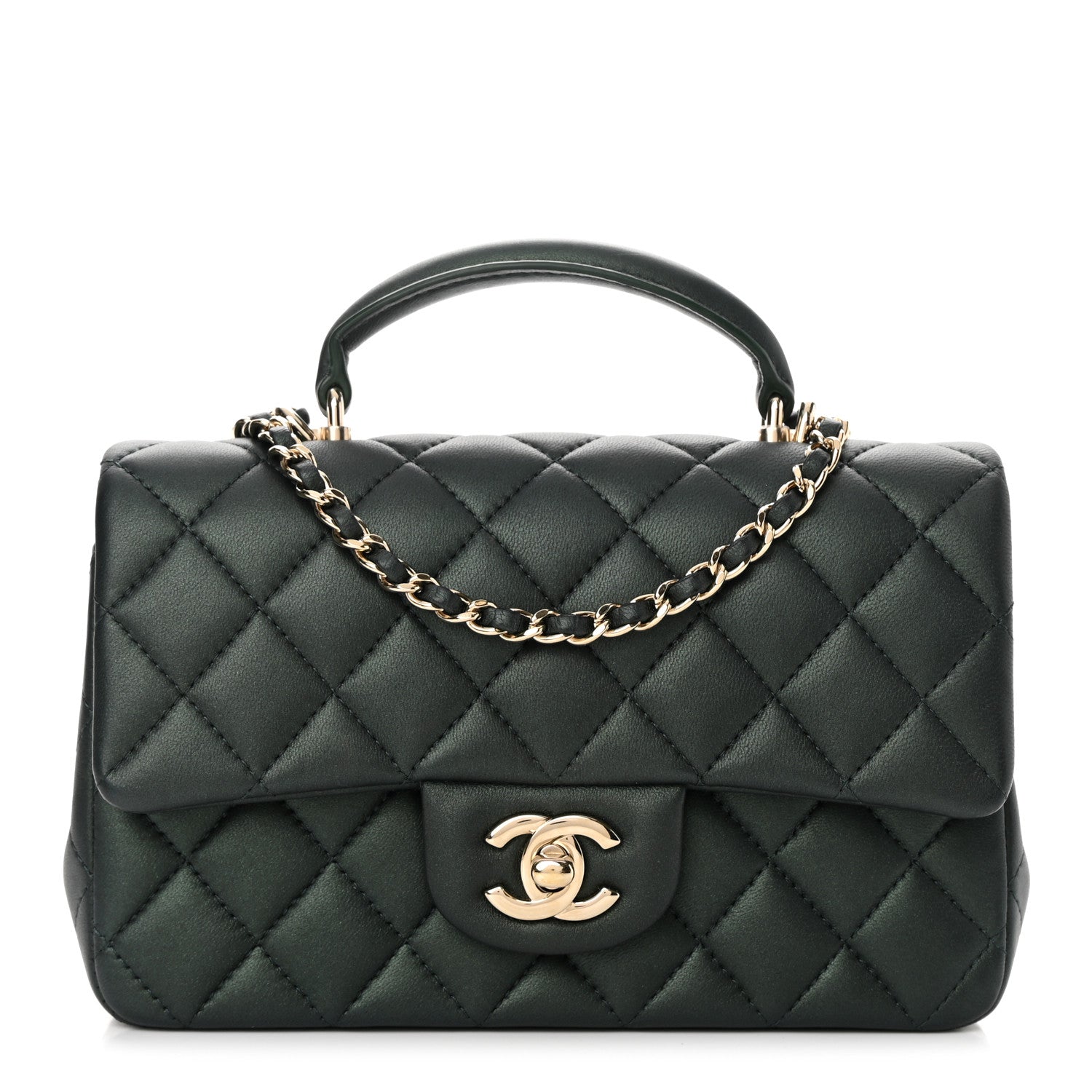 Chanel Iridescent Lambskin Quilted Mini Top Handle Rectangular Flap Dark Green 1 of 14