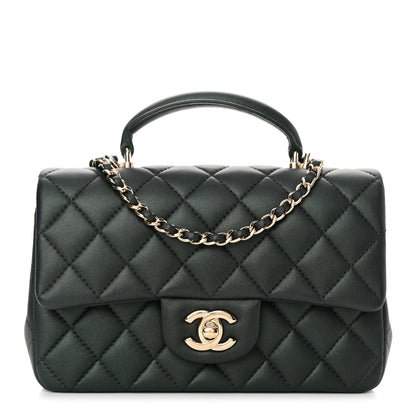 Chanel Iridescent Lambskin Quilted Mini Top Handle Rectangular Flap Dark Green 1 of 14