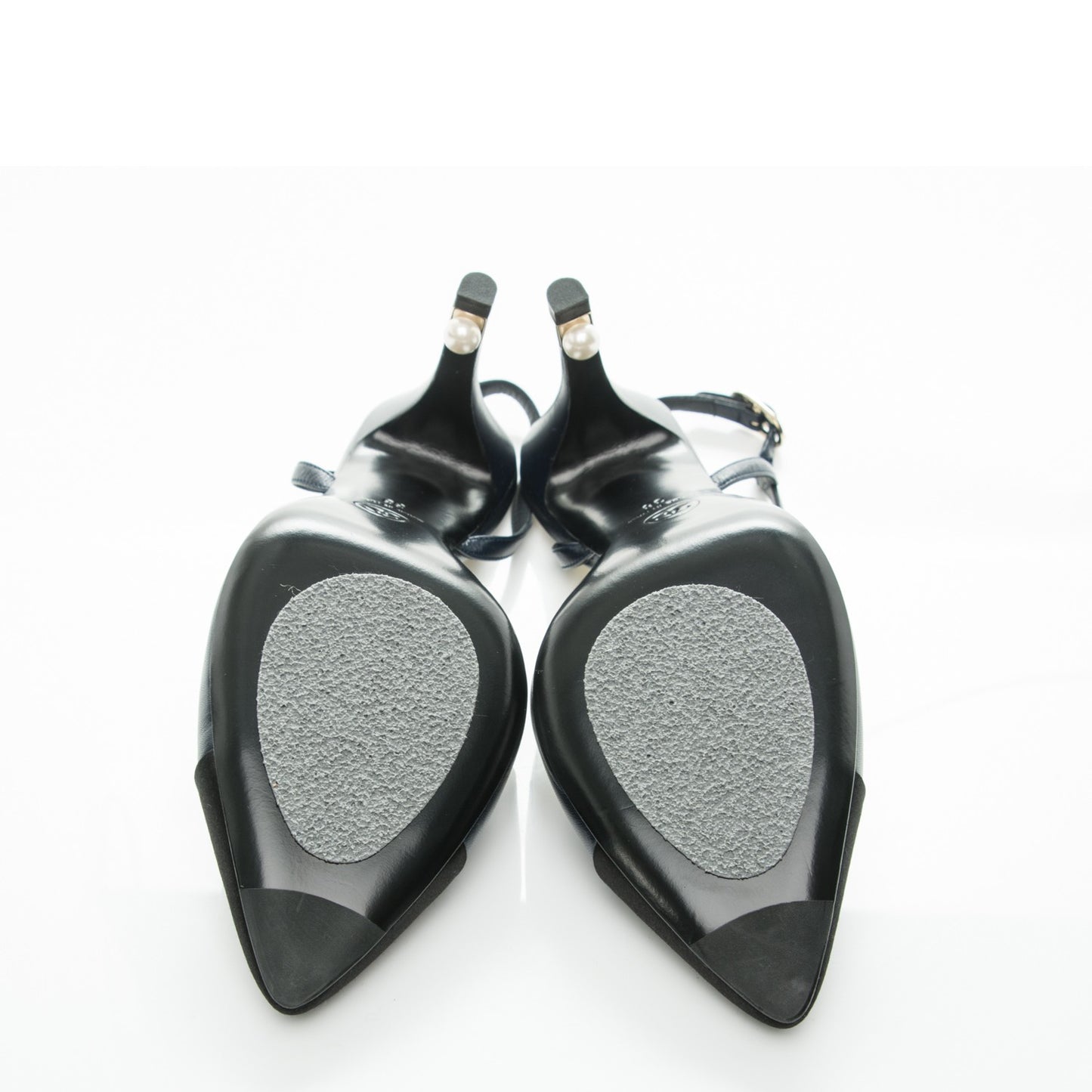 Lambskin Satin Cap Toe CC Slingback Heels 38 Navy Black