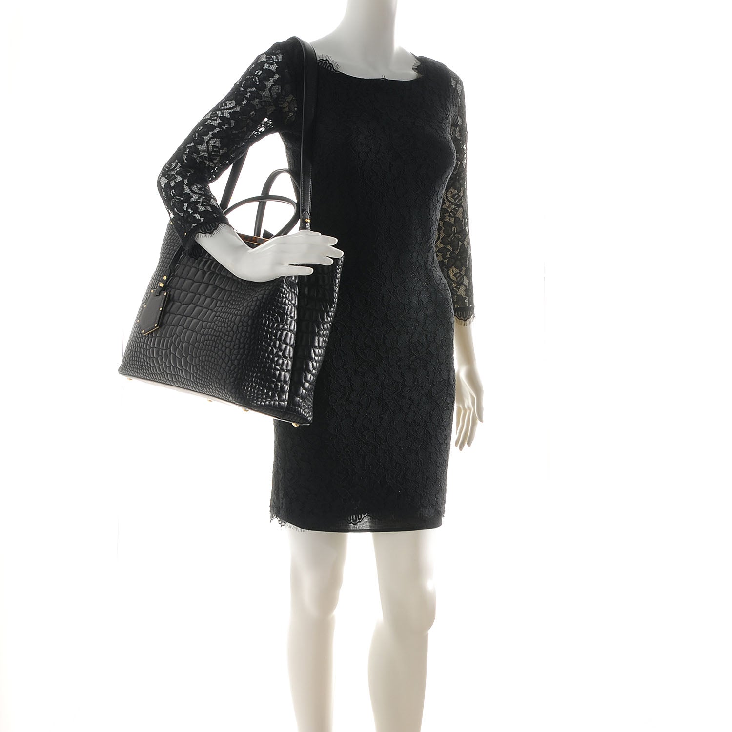 Fendi Nappa Crocodile Trapuntata Medium 2Jours Tote Black 2 of 7