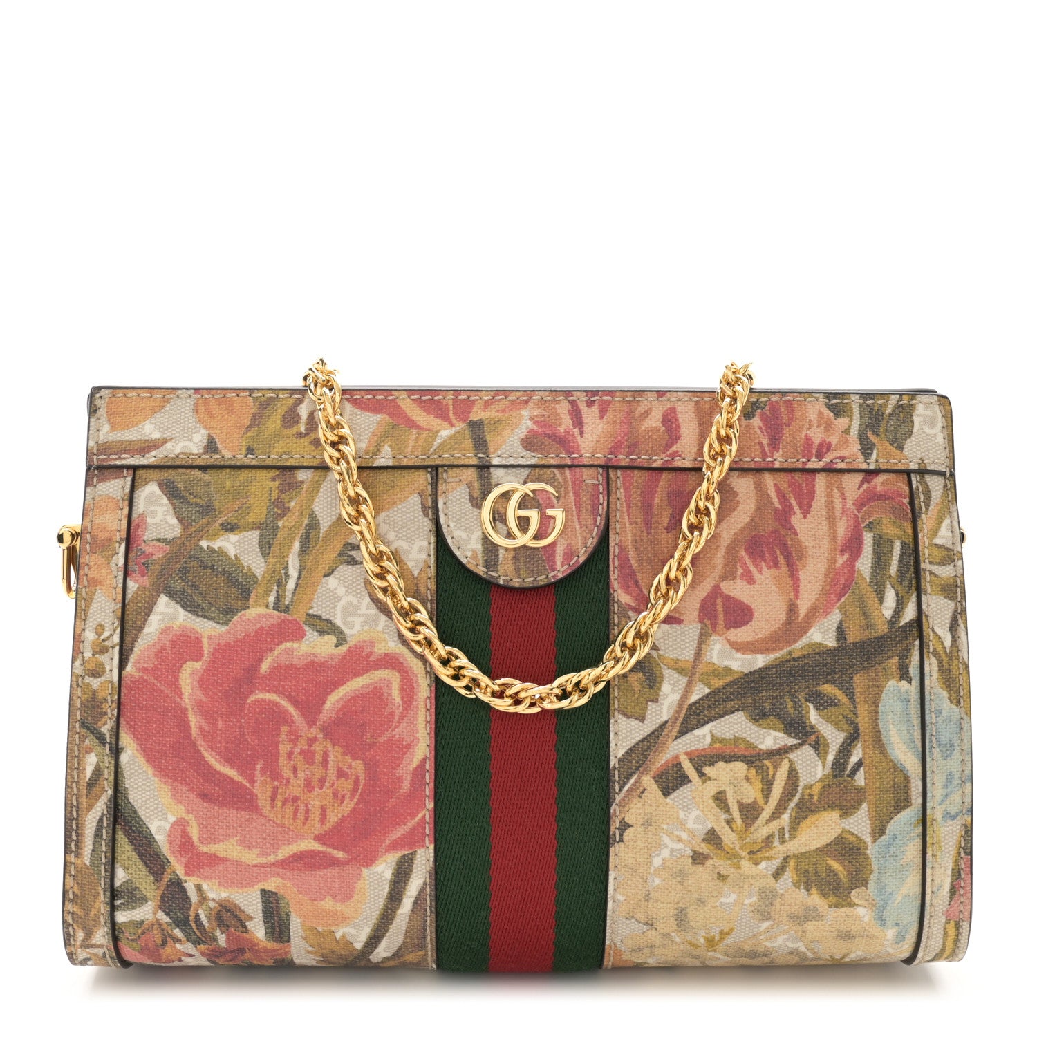 Gucci GG Supreme Monogram Water Flora Web Small Ophidia Chain Shoulder Bag Beige White Multicolor 1 of 10