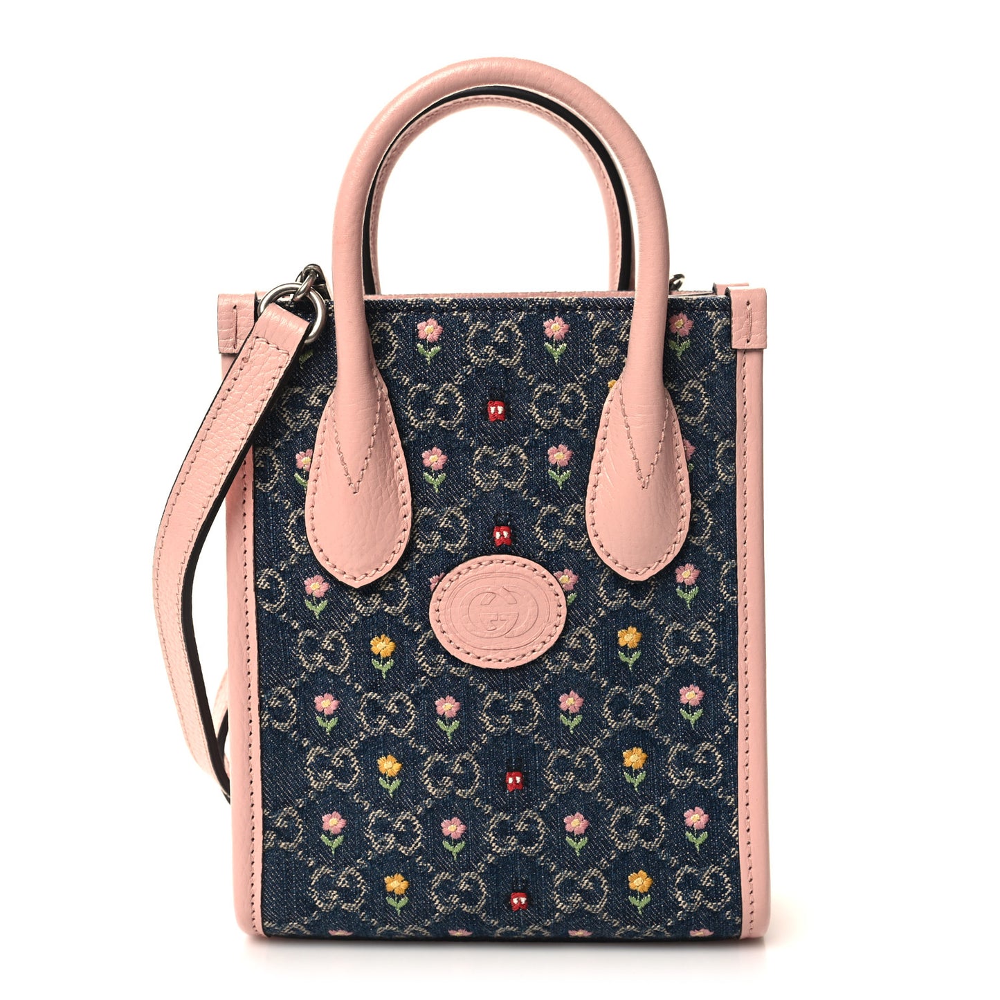 New Denim Flower GG Monogram Dollar Calfskin Mini Retro Interlocking G Tote Bag Blue Tea Multicolor Powder Pink