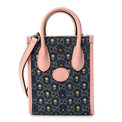 Gucci New Denim Flower GG Monogram Dollar Calfskin Mini Retro Interlocking G Tote Bag Blue Tea Multicolor Powder Pink 1 of 10