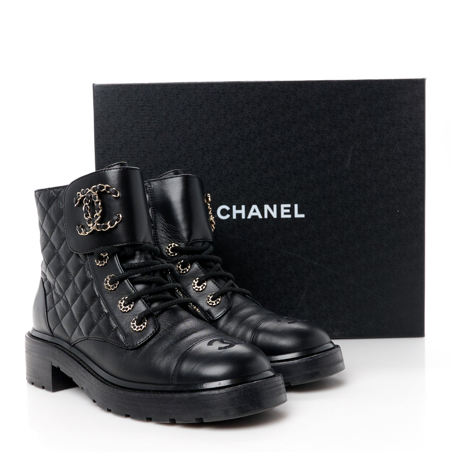 Shiny Lambskin Quilted Lace Up Combat Boots 39.5 Black