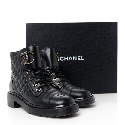 Chanel Shiny Lambskin Quilted Lace Up Combat Boots 39.5 Black 11 of 11
