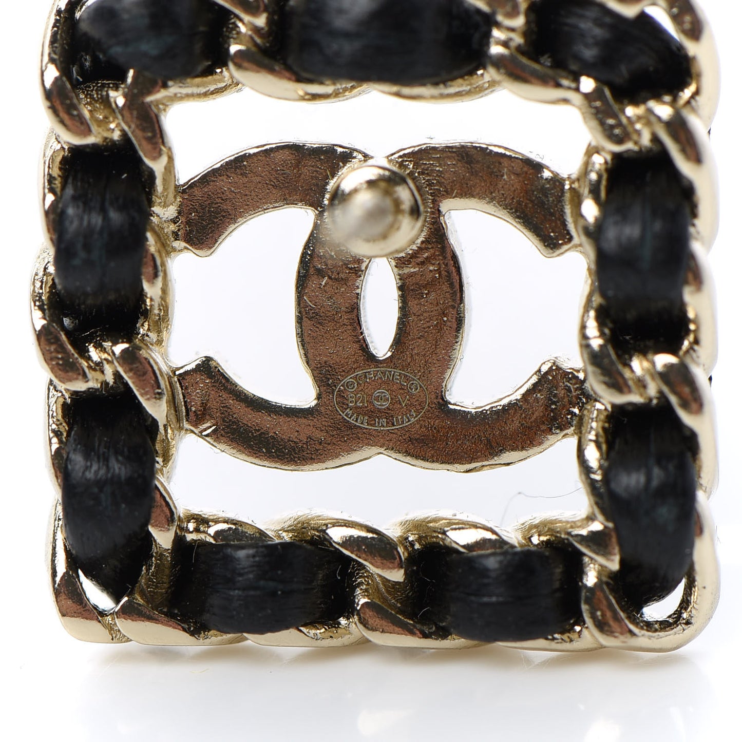 Crystal Lambskin Chain Sergeant Chanel Stud Earrings Black Gold