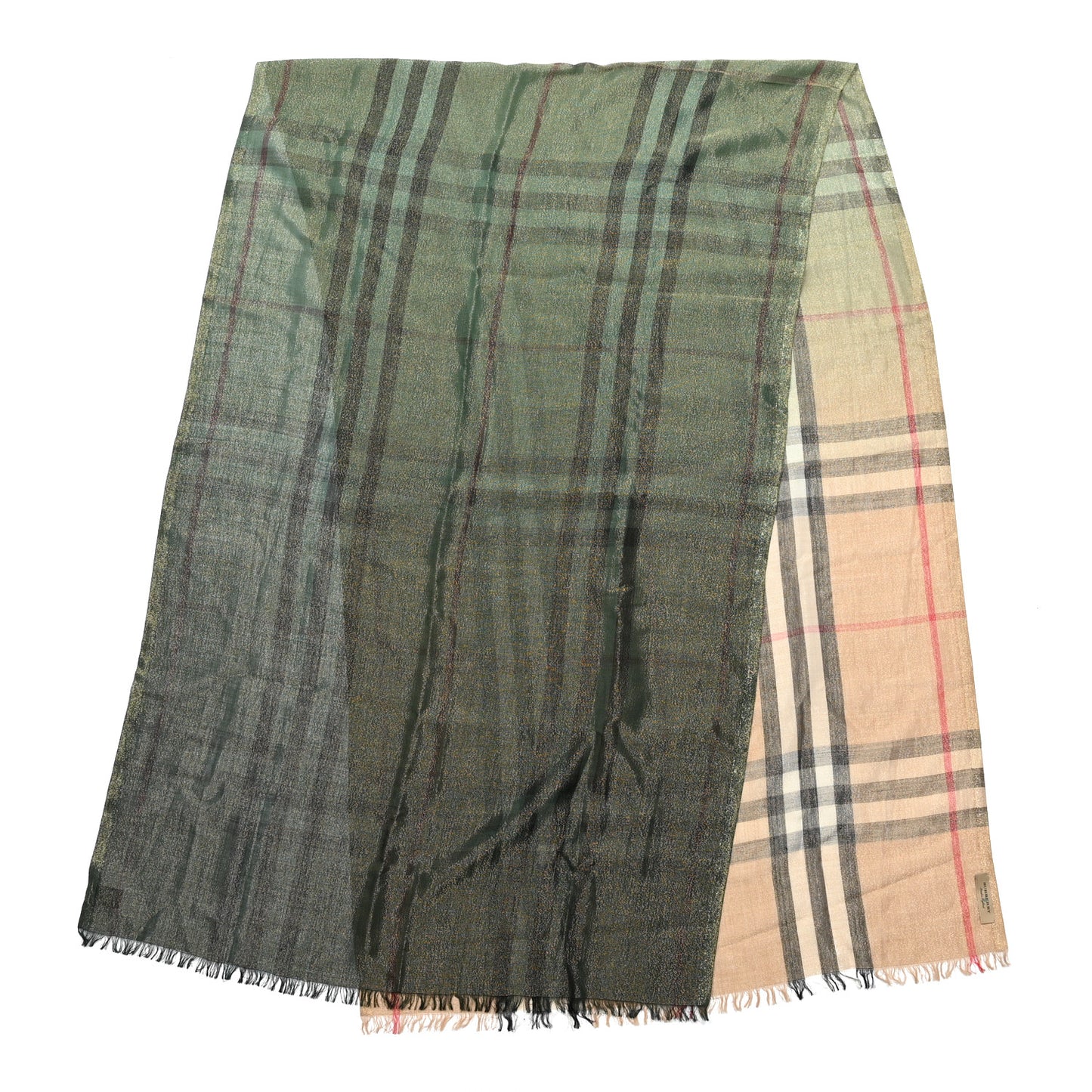 Metallic Wool Silk Vintage Check Scarf Beige Green