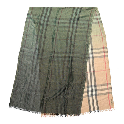 Burberry Metallic Wool Silk Vintage Check Scarf Beige Green 2 of 4