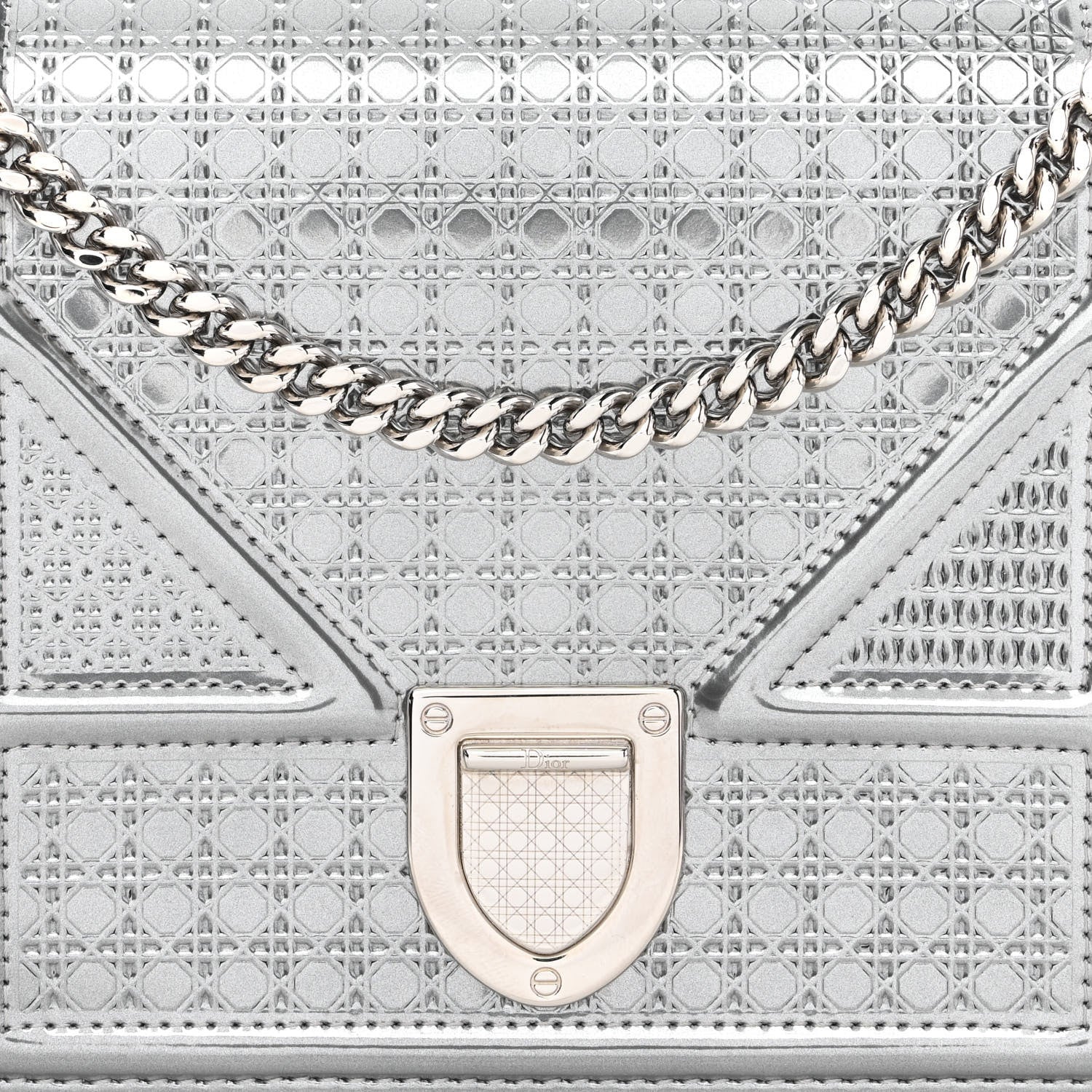Christian Dior Metallic Patent Micro-Cannage Diorama Wallet on Chain Pouch Silver 7 of 12