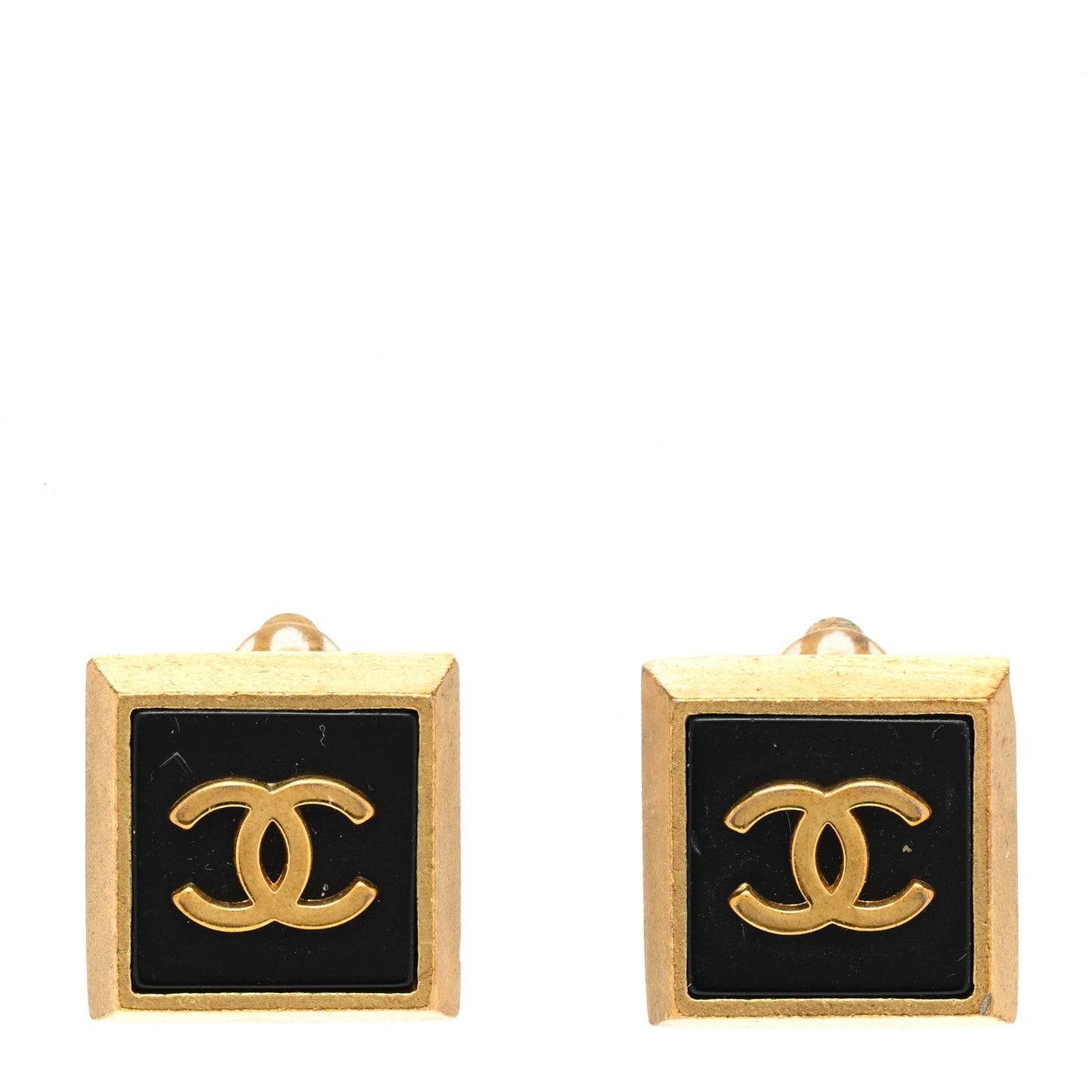 Metal CC Square Clip On Earrings Black Gold