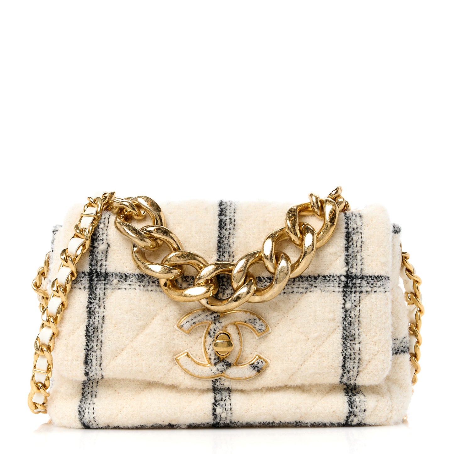Wool Tweed Quilted Small Elegant Chain Flap White