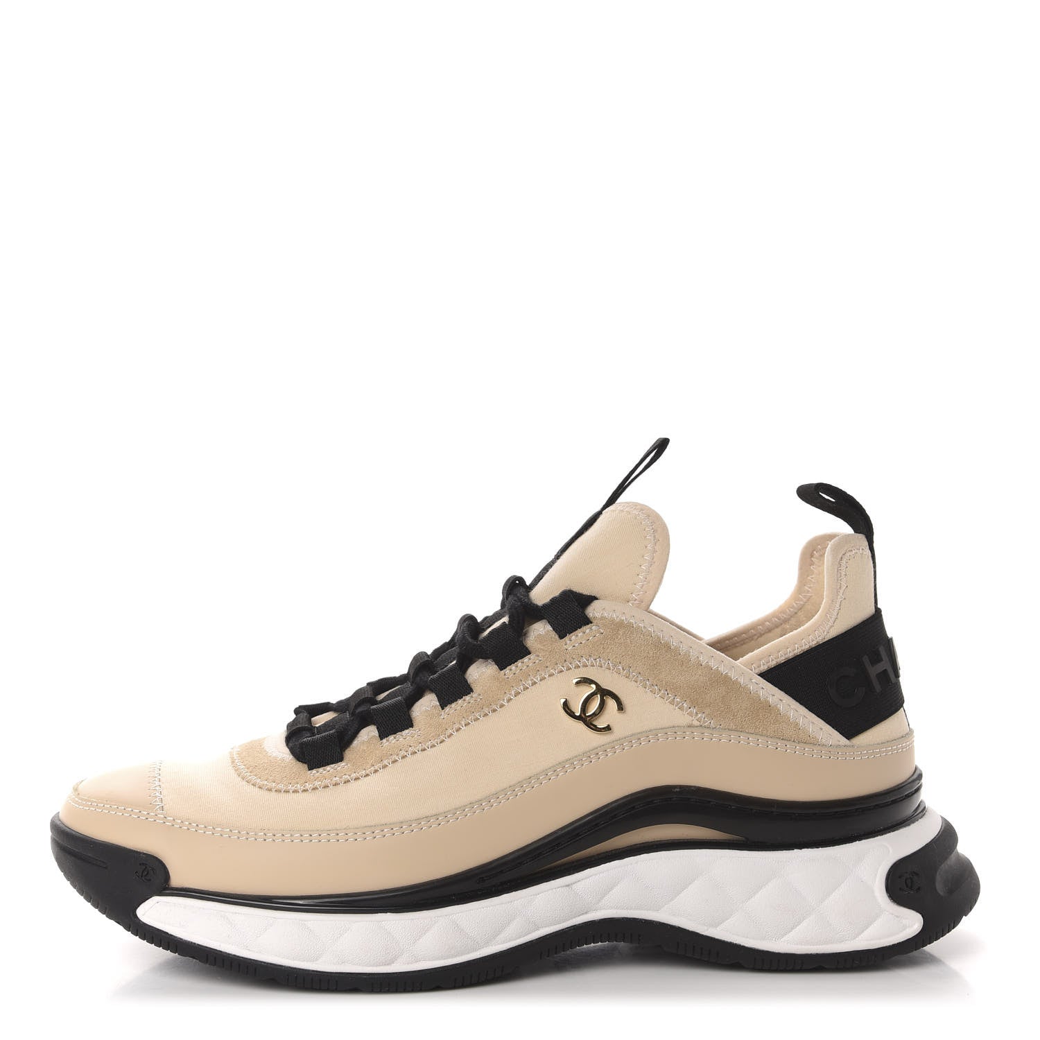Chanel Calfskin Suede Nylon Grosgrain CC Sneakers 38.5 Beige 1 of 11