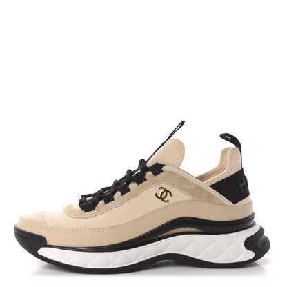 Chanel Calfskin Suede Nylon Grosgrain CC Sneakers 38.5 Beige 1 of 11