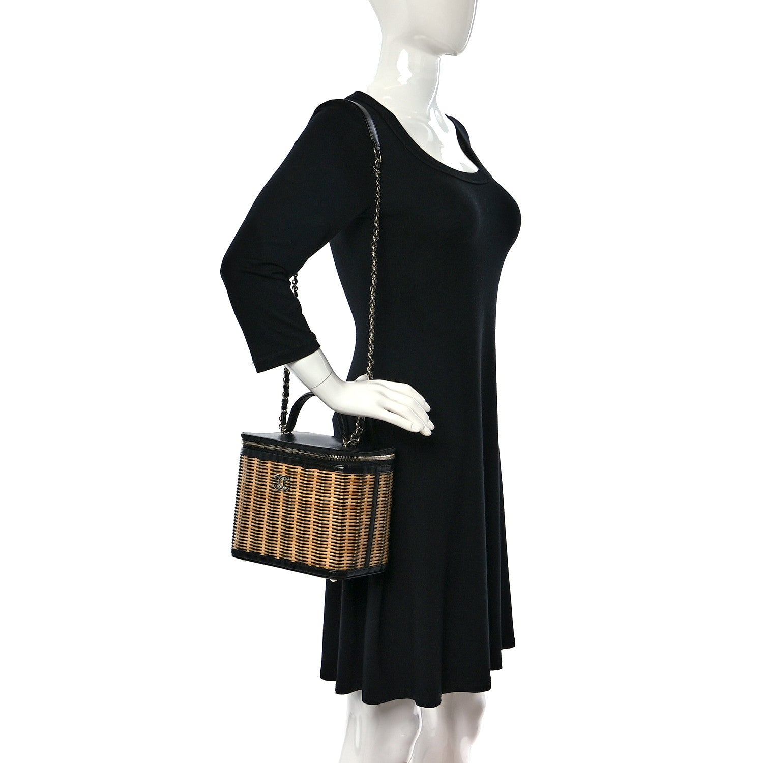 Chanel Glazed Calfskin Raffia Vanity Case Bag Black Beige 2 of 10