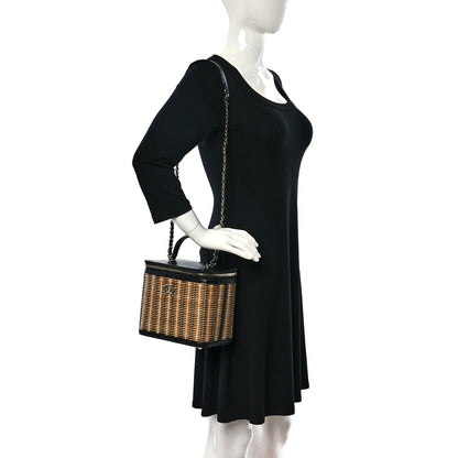 Chanel Glazed Calfskin Raffia Vanity Case Bag Black Beige 2 of 10