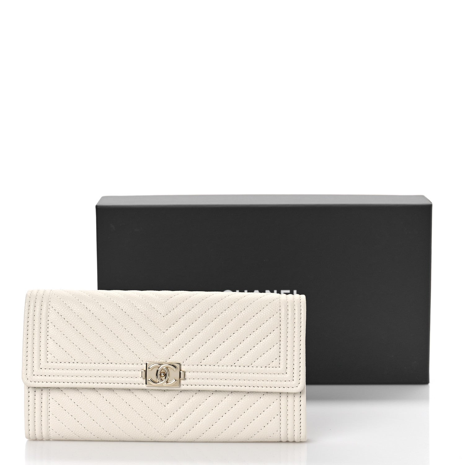 Chanel Caviar Chevron Quilted Boy Flap Wallet White 10 of 10