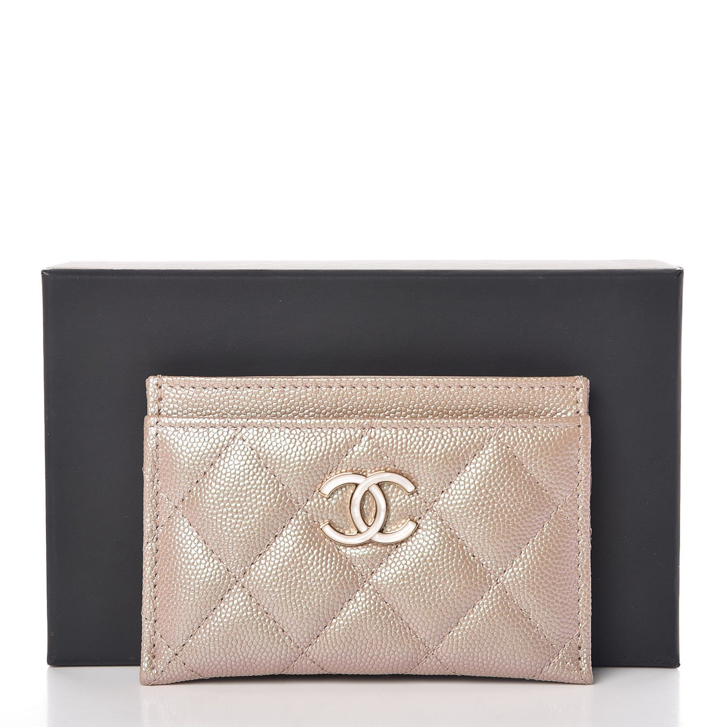 Iridescent Caviar Quilted Card Holder Beige
