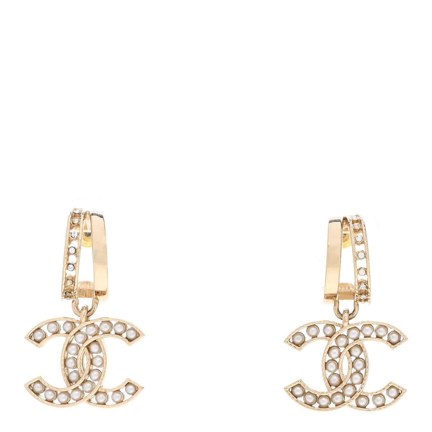 Crystal Pearl CC Hoop Drop Earrings Gold