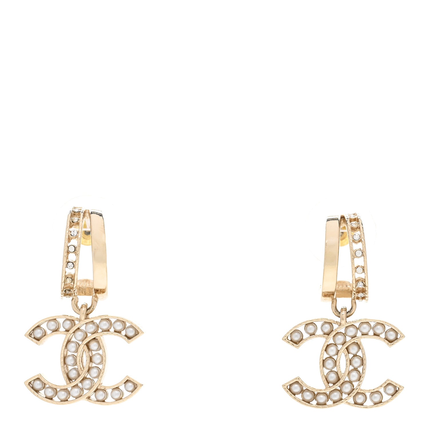 Chanel Crystal Pearl CC Hoop Drop Earrings Gold 1 of 5