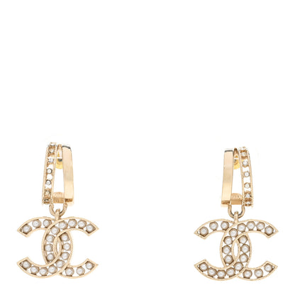 Chanel Crystal Pearl CC Hoop Drop Earrings Gold 1 of 5