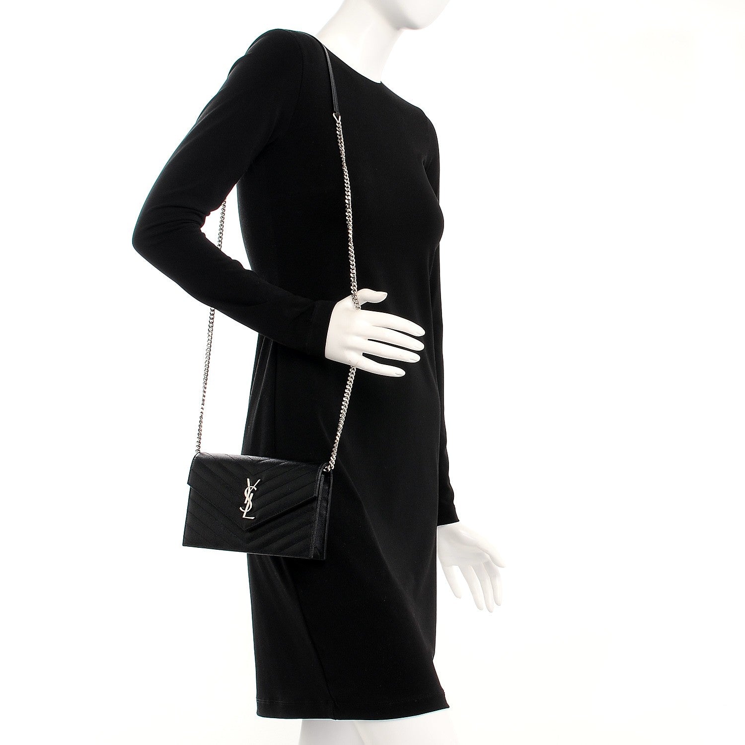 Saint Laurent Grain De Poudre Matelasse Chevron Monogram Envelope Chain Wallet Black 2 of 10