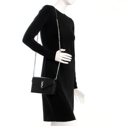 Saint Laurent Grain De Poudre Matelasse Chevron Monogram Envelope Chain Wallet Black 2 of 10