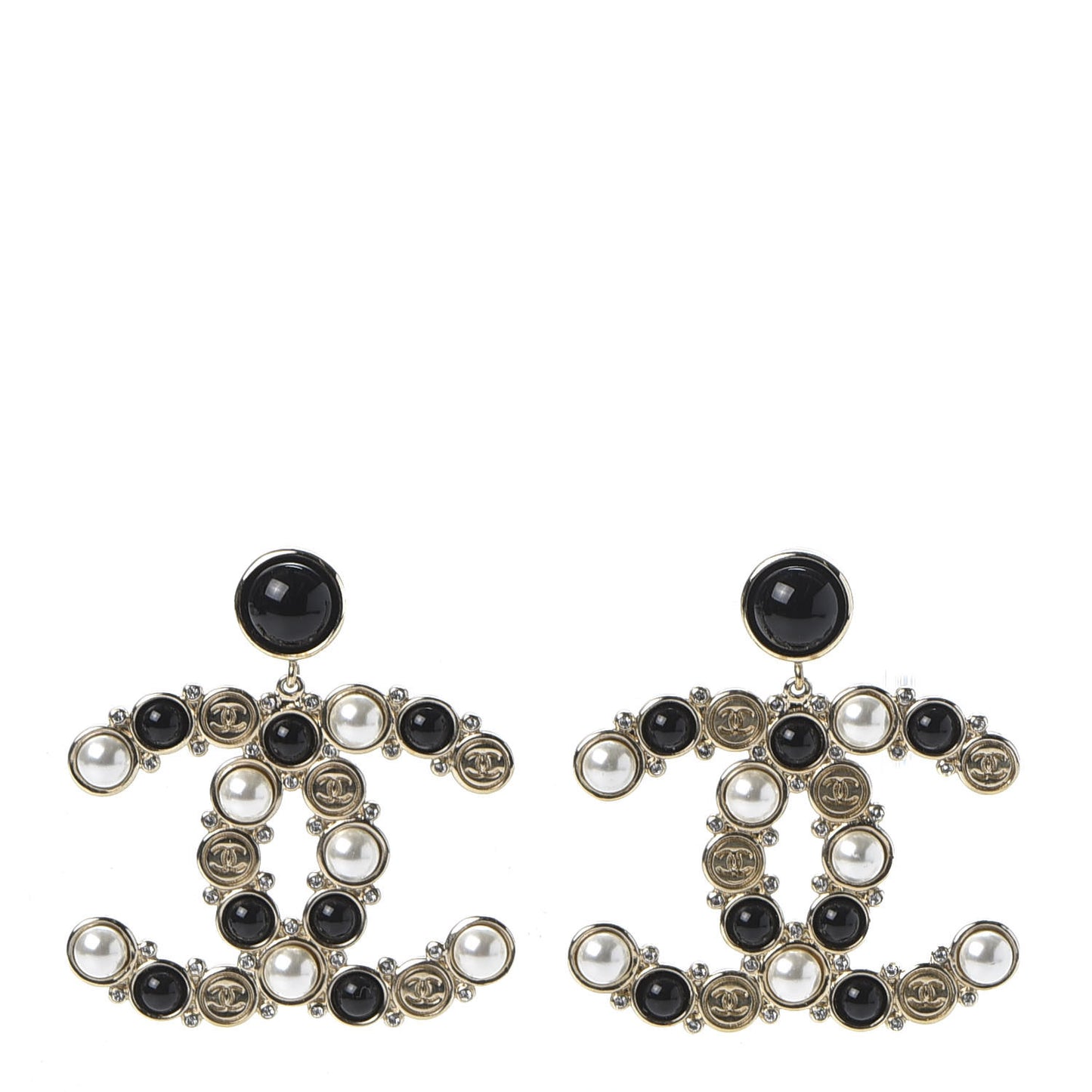 Crystal Pearl Metal Resin Polka Dot CC Drop Earrings Black Gold