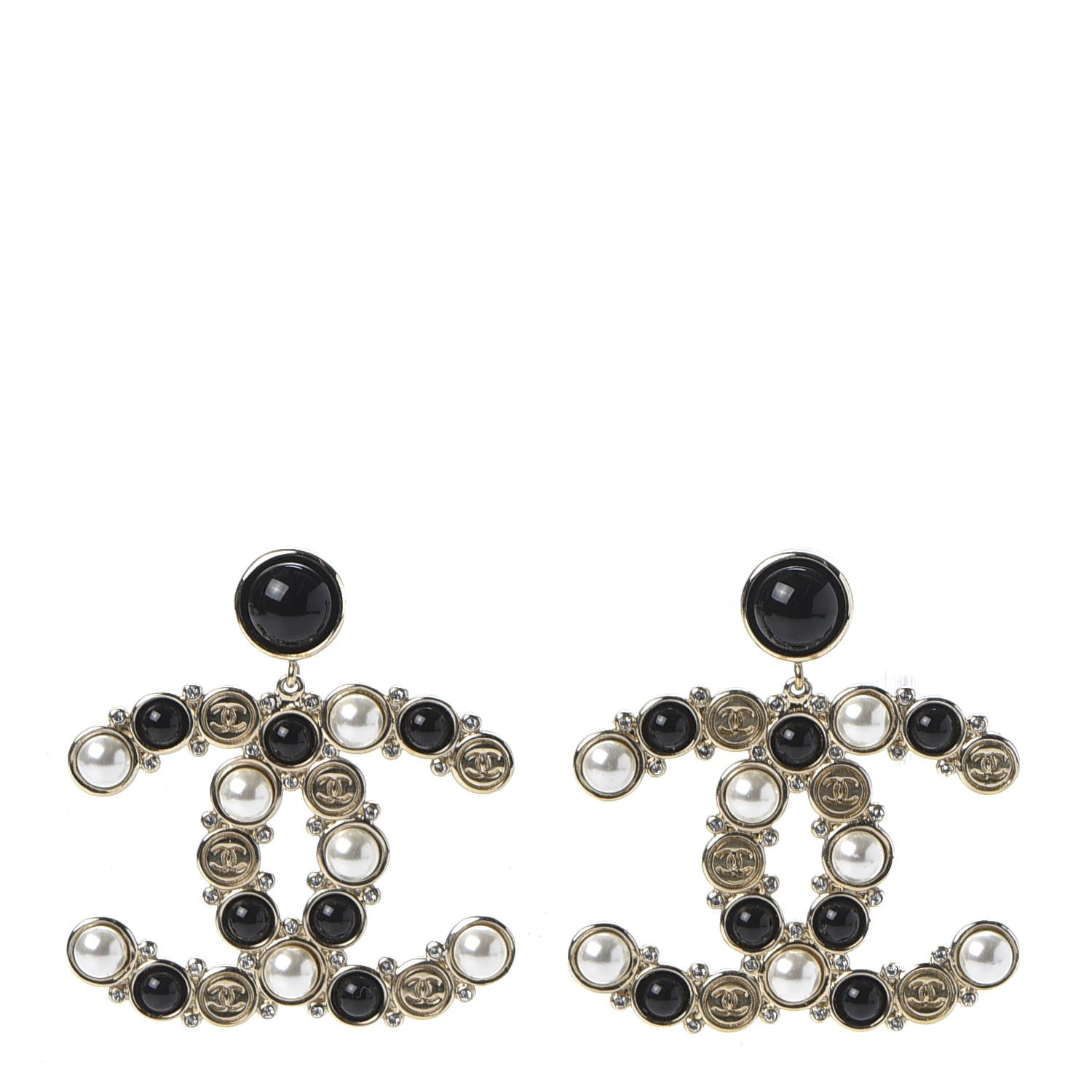 Chanel Crystal Pearl Metal Resin Polka Dot CC Drop Earrings Black Gold 1 of 7