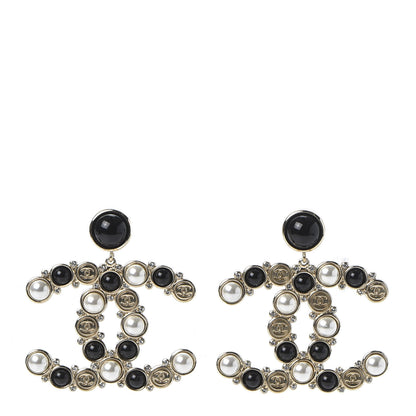 Chanel Crystal Pearl Metal Resin Polka Dot CC Drop Earrings Black Gold 1 of 7