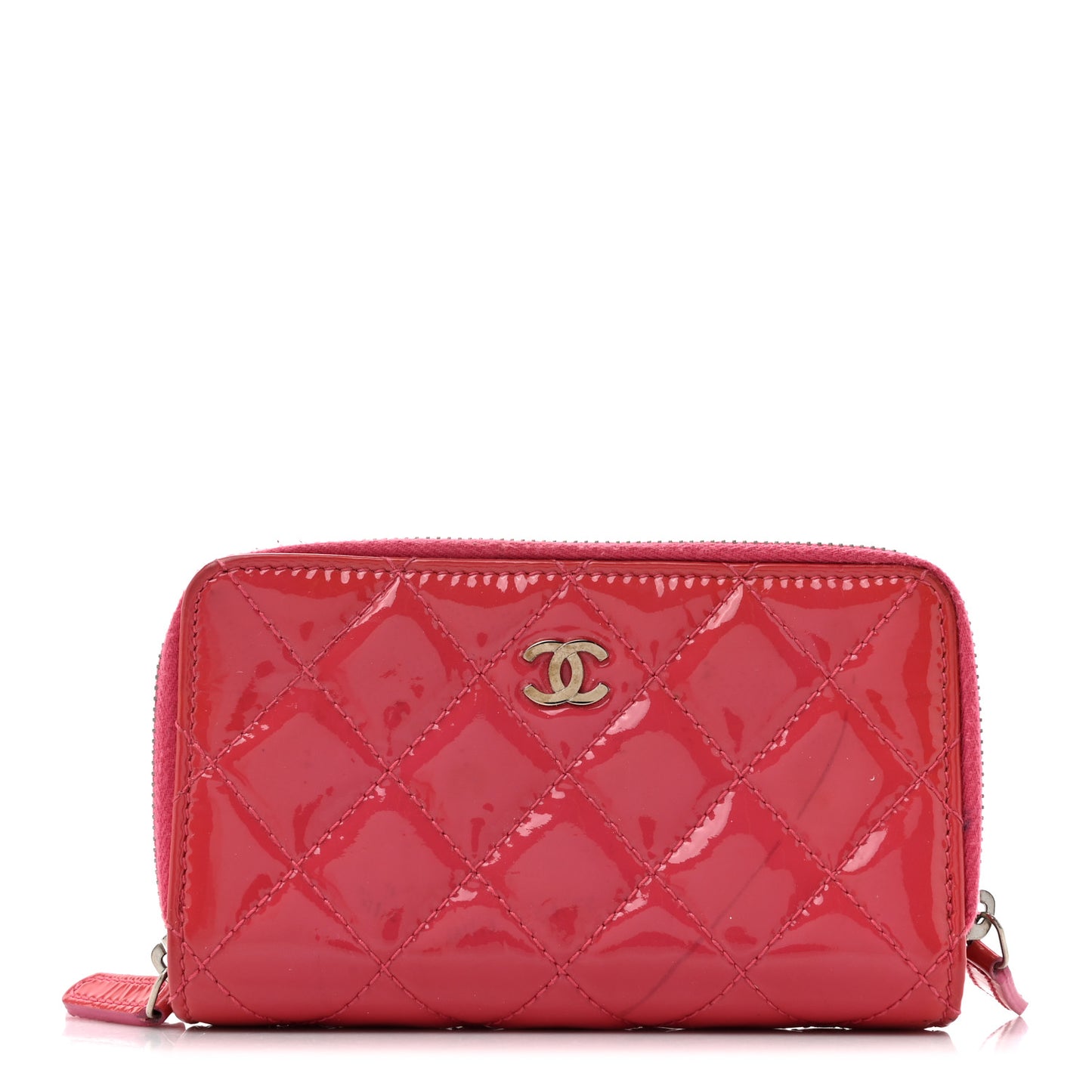 Patent Calfskin Quilted Zip Around Phone Holder Fuchsia