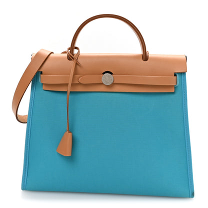 Hermes Vache Hunter Toile Herbag Zip 31 PM Bleu Azteque Menthe 1 of 11
