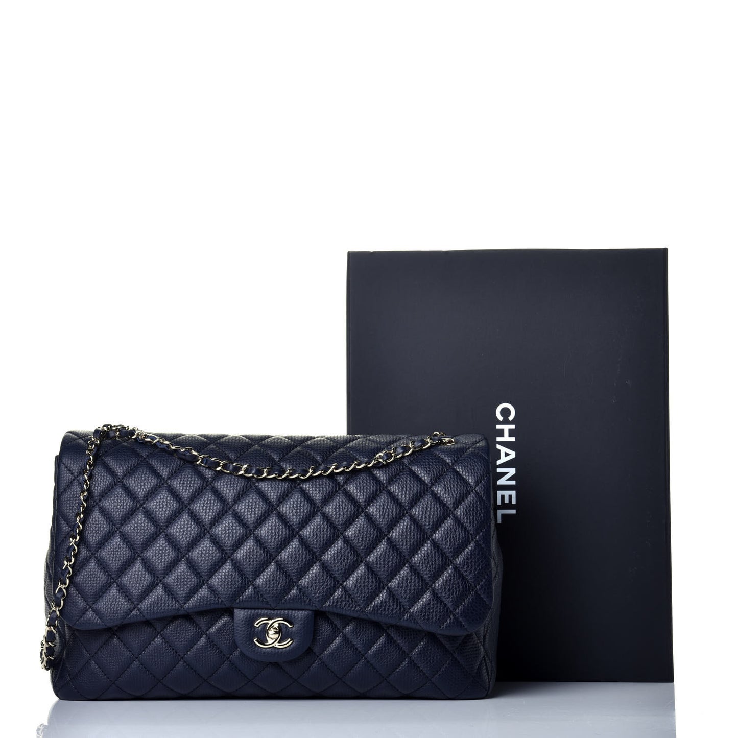 Metallized Calfskin Quilted Small XXL Travel Flap Bag Navy