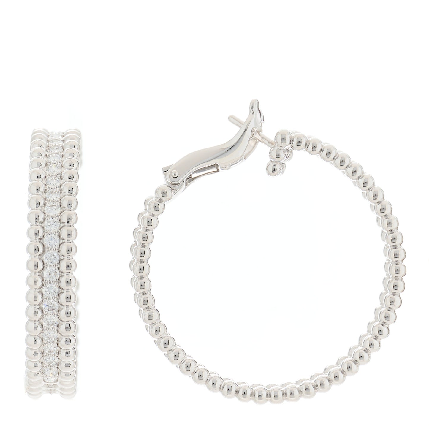 18K White Gold Diamond Perlee Hoop Earrings