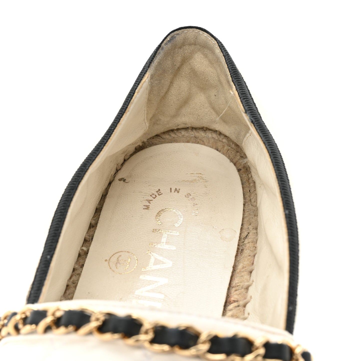 Lambskin Grosgrain Quilted CC Chain Espadrilles 37 White Black