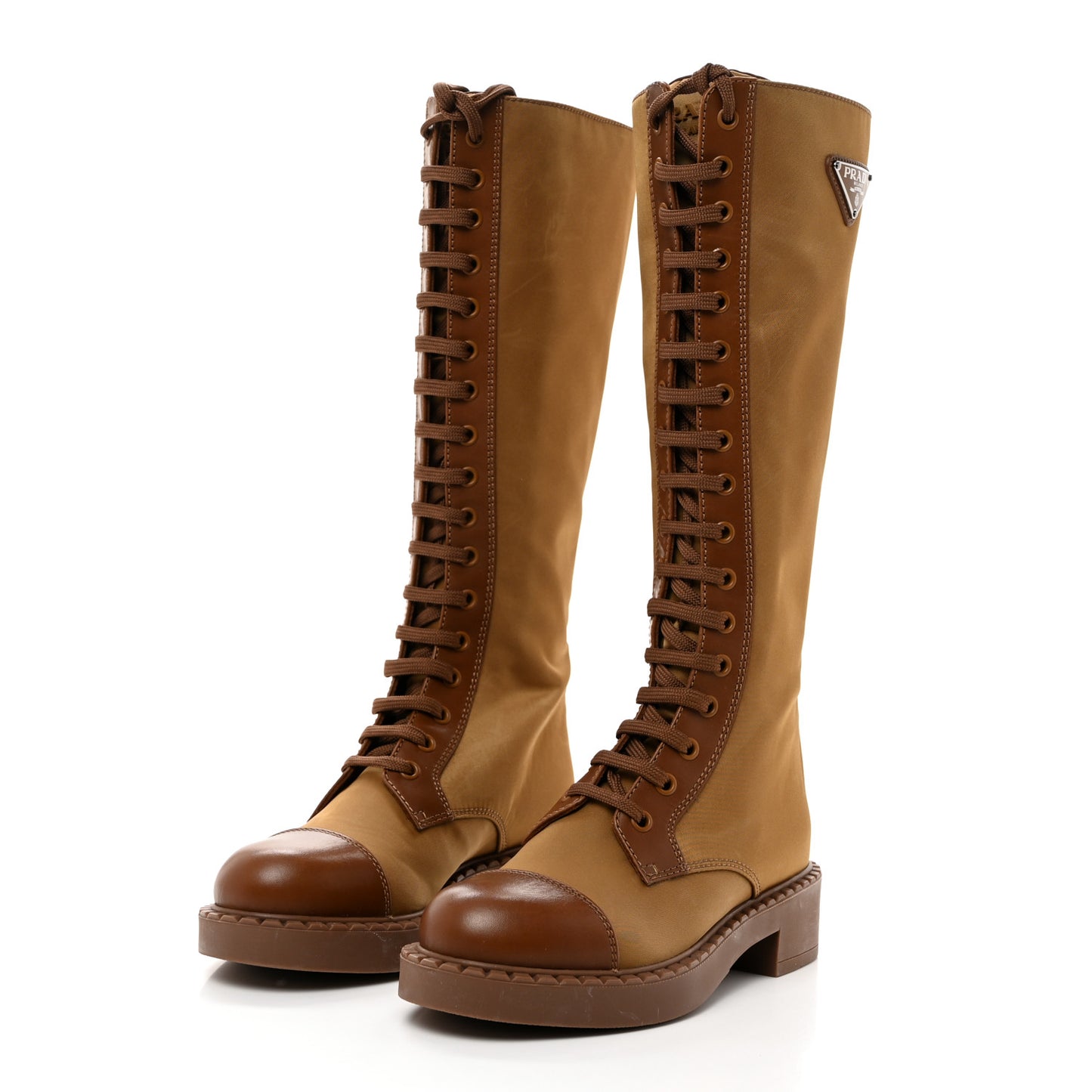 Re-Nylon Spazzolato Rois Metal Triangle Logo Tall 50mm Combat Boots 35 Tobacco Brown