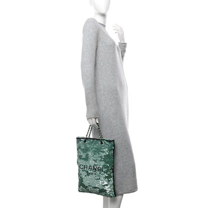 Chanel Sequin Logo Shopping Tote Green Black 2 of 11