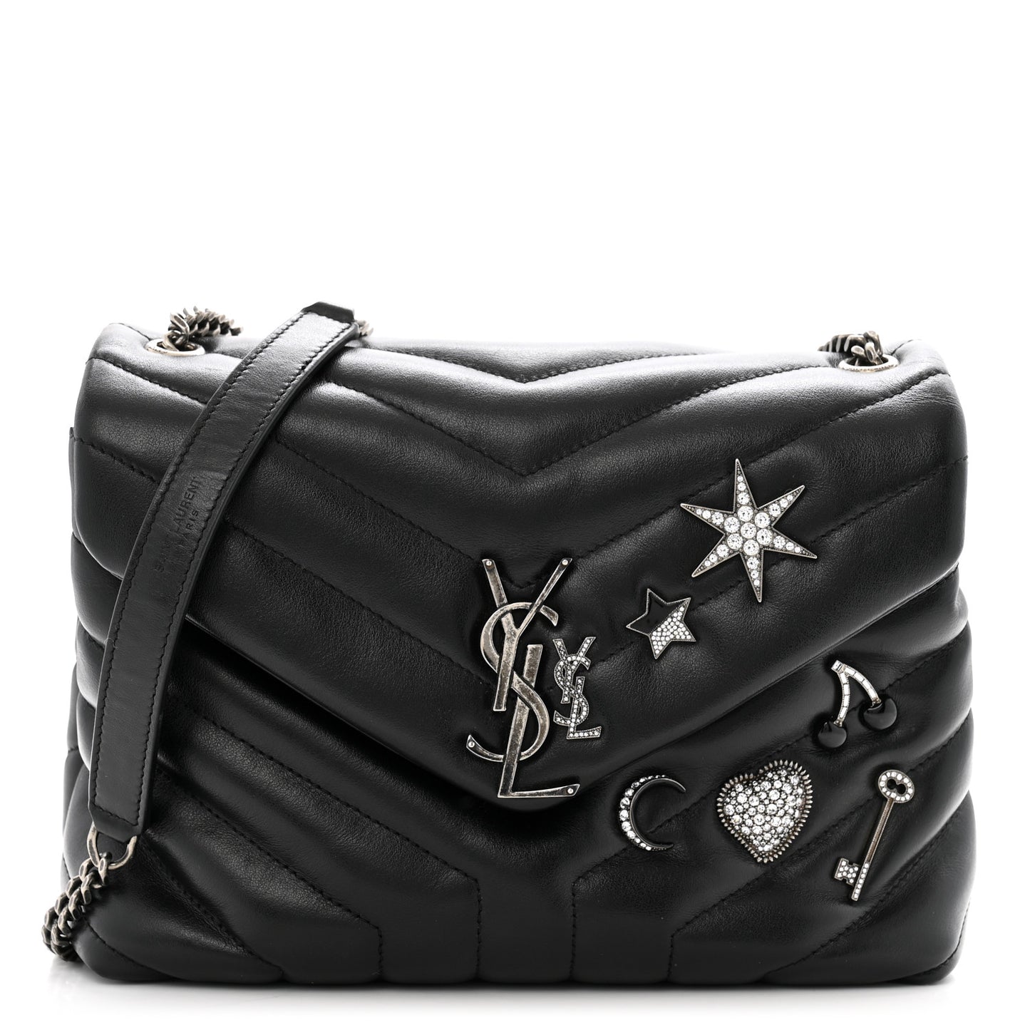 Calfskin Y Quilted Monogram Small Charm Loulou Chain Satchel Black