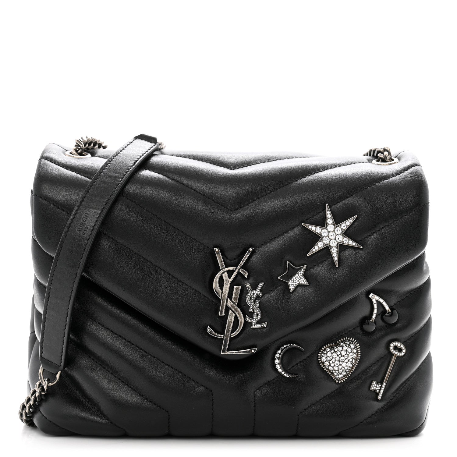 Saint Laurent Calfskin Y Quilted Monogram Small Charm Loulou Chain Satchel Black 1 of 15